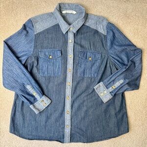 Jones New York Patchwork Jean Shirt Denim Shirt Long Sleeves Lightweight Size 1X